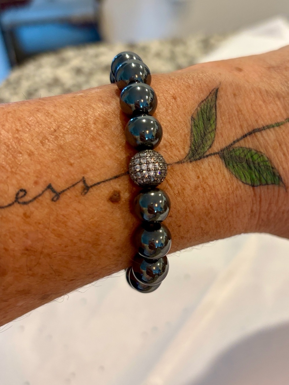 Hematite Beaded Bracelet with Pave Accent Bead - Dark Gray - Picture 3 of 3